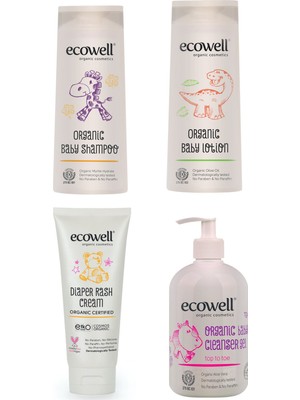 Ecowell Organik Bebek Bakım Paketi 4'lü Set (Bebe Şampuanı 300 ml. + Bebe Losyonu 300 ml. + Temizleme Jeli 500 ml. + Pişik Kremi 110 Gr.)