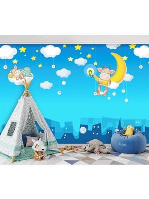 Özel Duvarlar Ay ve Bulut Üzerinde Sevimli Zürafalar