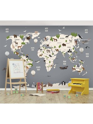 Özel Duvarlar Dünya Haritası Ülkeler Okyanuslar ve Canlılar Çocuk Odası Duvar Kağıdı