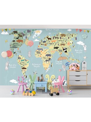 Özel Duvarlar Dünya Haritası Üzerinde Sevimli Tavşanlar Çocuk Odası Duvar Kağıdı
