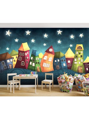 Özel Duvarlar Gece Yıldızlar Altında Renkli Evler