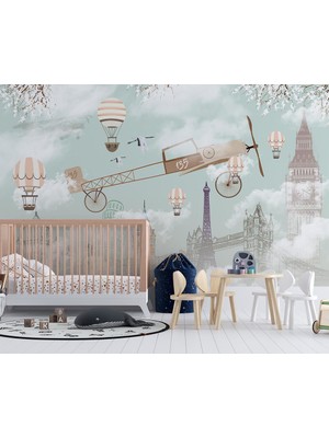 Özel Duvarlar Kanatlı Uçak ve Uçan Balonlar Çocuk Odası Duvar Kağıdı