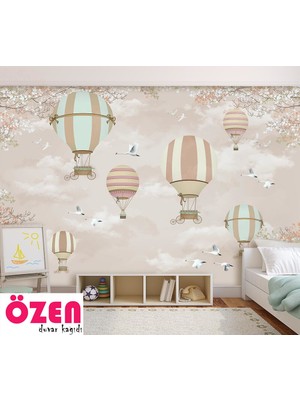 Özel Duvarlar Uçan Balonlar - Çiçekler ve Kuşlar Çocuk Odası Duvar Kağıdı
