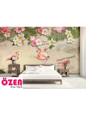 Özel Duvarlar Renkli Çiçekler ve Flamingolar Duvar Kağıdı