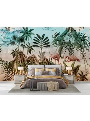Özel Duvarlar Tropik Ağaçlar ve Flamingolar Duvar Kağıdı