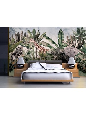 Özel Duvarlar Ormanda Zürafa Fil Zebra Duvar Kağıdı