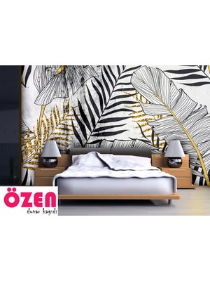 Özel Duvarlar Siyah - Beyaz - Gri Tropikal Yapraklar duvar Kağıdı
