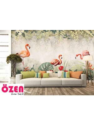 Özel Duvarlar Yapraklar Arasında Sevimli Flamingolar Duvar Kağıdı