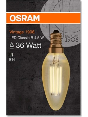 Osram - Vintage 1906 LED Classic 4.5W-36W Sarı Işık E14 Duy Mum Rustik Filamentli Ampul 6 Adet