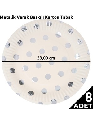 Süsle Bebek ve Parti Varak Baskılı, Gümüş Puanlı Karton Tabak, 23 cm - 8 Adet