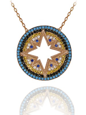 Renkli Taşlı Nazar Boncuklu Yuvarlak Kuzey Yıldızı Gümüş Kolye