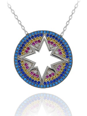 Renkli Taşlı Nazar Boncuklu Yuvarlak Kuzey Yıldızı Gümüş Kolye