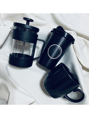 Gökcan Home French Press & Kapaklı Kahve Bardağı & Kupa Bardak Hediye Seti