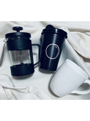 Gökcan Home French Press & Kapaklı Kahve Bardağı & Kupa Bardak Hediye Seti