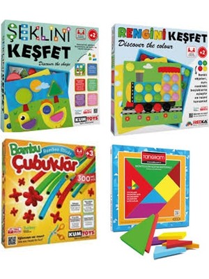 Kumtoys Şeklini Keşfet + Rengini Keşfet + Bambu Çubuklar + Renkli Tangram 4’lü Set