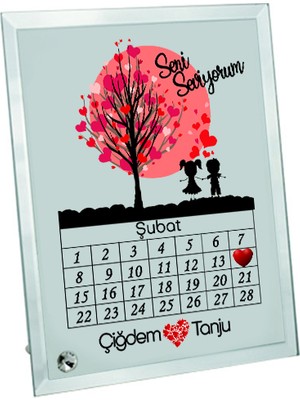 Biresimden Sevgililer Günü 14 Şubat Takvim Yapraklı ve Isimli Cam Çerçeve