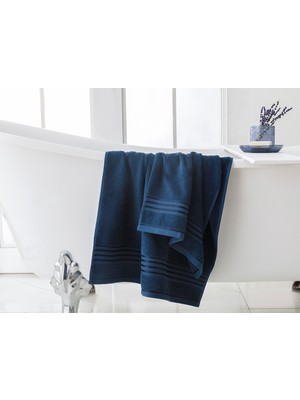 English Home Romantic Stripe Floşlu Banyo Havlusu Takımı 50 x 85CM + 70 x 150CM Lacivert