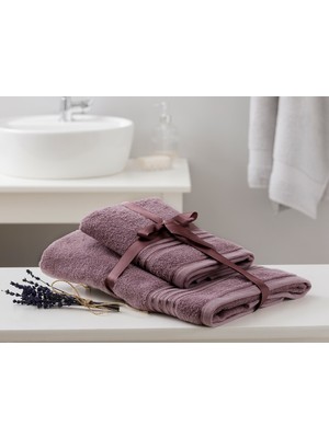 English Home Romantic Stripe Floşlu Banyo Havlusu Takımı 50 x 85CM + 70 x 150CM Mürdüm