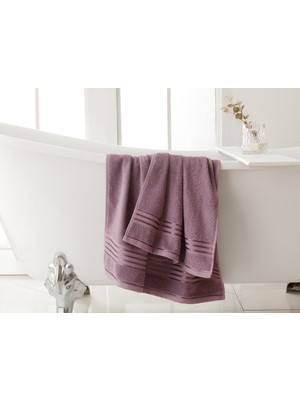 English Home Romantic Stripe Floşlu Banyo Havlusu Takımı 50 x 85CM + 70 x 150CM Mürdüm