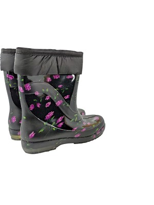 Fafatara Renkli Mor Çiçekli Yünlü Çizme Kar & Yağmur Çizmesi