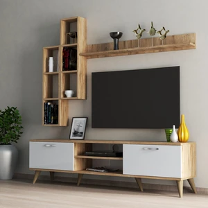 Mega 180'li Kitaplıklı Raflı Tv Ünitesi Çam-Beyaz  - TVU0303