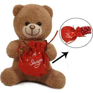 Sevgiliye Özel, Elinde Badem Şekeri Kesesi ile Peluş Boz Ayıcık-30 cm