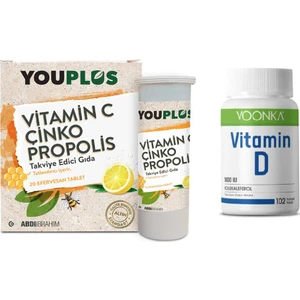 Vitamin C , Çinko ve Propolis Içeren 20 Efervesan Tablet + Voonka D Vitamini 102 Kapsül