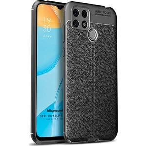 Oppo A15S Kılıf Deri Dokulu Silikon Siyah