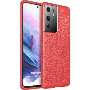 Samsung Galaxy S21 Ultra Kılıf Deri Dokulu Silikon Kırmızı