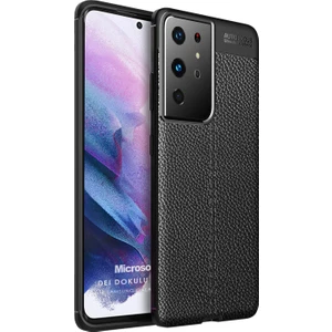Samsung Galaxy S21 Ultra Kılıf Deri Dokulu Silikon Siyah