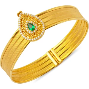 Yeşil Taşlı Hasır Altın Kelepçe Bilezik