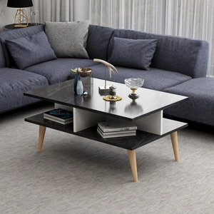 Ahşap Ayaklı Modern Dekoratif Orta Sehpa 90 cm Beyaz- Siyah Mermer Desen