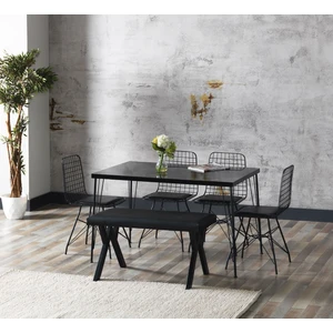 Ressa Home Aybüke Siyah Mermer Görünümlü Metal Ayaklı Mutfak Masası ve Bench Takımı