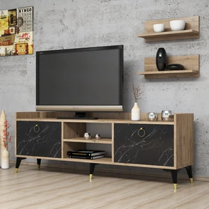 FERNISO Tv Sehpası Mermer Desen Altın Kulplu 2 Raflı