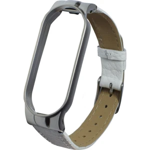 Case 4U Xiaomi Mi Band 6 / Mi Band 5 Akıllı Bileklik Metal Çerçeveli Kordon Dikiş Desenli Deri Beyaz