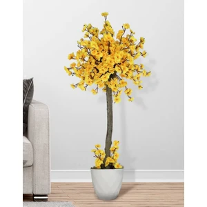 Yapay Ağaç Bahar Dalı Japon Kiraz Çiçeği Beyaz Plastik Saksılı 90 cm Sarı
