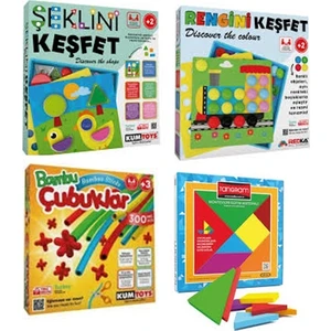 Şeklini Keşfet + Rengini Keşfet + Bambu Çubuklar + Renkli Tangram 4’lü Set