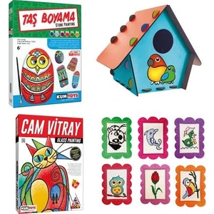 Taş Boyama Kuş Evi + Cam Vitray + Etamin Sanatı 4'lü Set