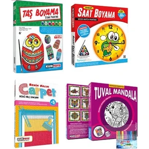 Taş Boyama + Saat Boyama + Halı Dokuma + Tuval Mandala  4'lü Set