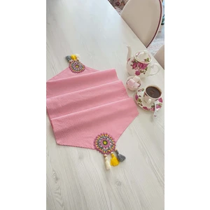 White Alamode Pembe Beyaz Pöti Kare Desenli Motifli ve Püsküllü Runner