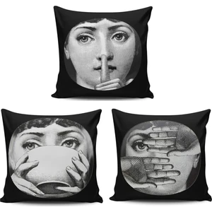 Kırlent Dünyası Kırlentdünyası Kırlent Dünyası Fornasetti Figürlü 3 Lü Kombin  Dijital Baskılı Kırlent Kılıfı