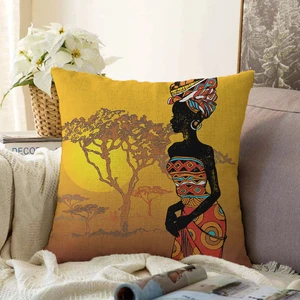 Real Homes Çift Taraflı Güneşin Batışındaki Ağaç Zeminli Afrika Kadın Motifli Şönil Kırlent Kılıfı