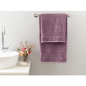 English Home Romantic Stripe Floşlu Banyo Havlusu Takımı 50 x 85CM + 70 x 150CM Mürdüm