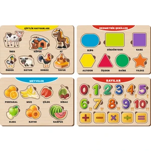 4 Adet Ahşap Bul Tak Eğitici Yapboz Puzzle Seti 12