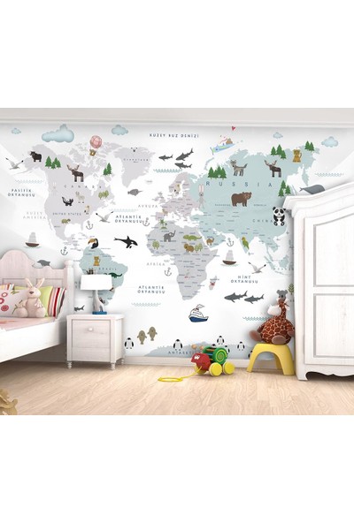 Özen Duvar Kağıdı Beyaz Zemin Çocuk Odası Dünya Haritası