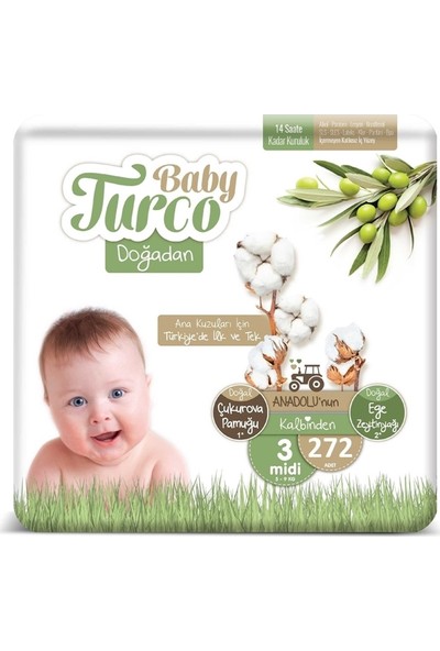Baby Turco Doğadan 3 Numara Bebek Bezi 5-9 kg Midi 272 Adet