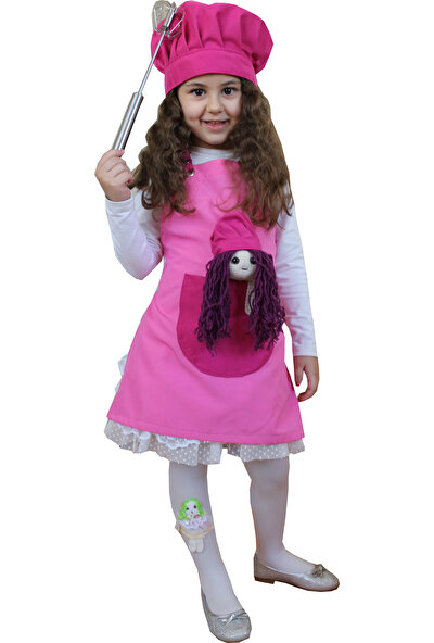 Medusa Forma Kız Çocuk Aşçı Kıyafeti Amigurumi Oyuncak Bebek Figürlü Askılı Mutfak Önlüğü ve Kep Takım