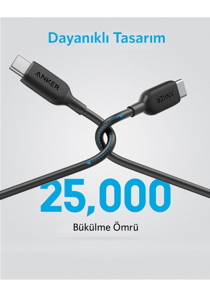 PowerLine III USB-C To USB-C 0.9m Şarj/Data Kablosu - Siyah - 60W Güç Destekli - A8852 (Anker Türkiye Garantili) modelleri