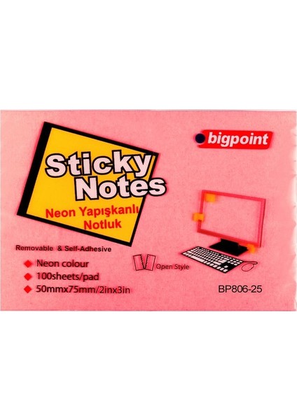 Yapışkanlı Not Kağıdı 100 Yaprak 75 x 50 mm Neon Kırmızı