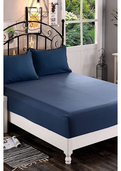 Çift Kişilik Pamuklu Penye Lastikli Çarşaf | Lacivert